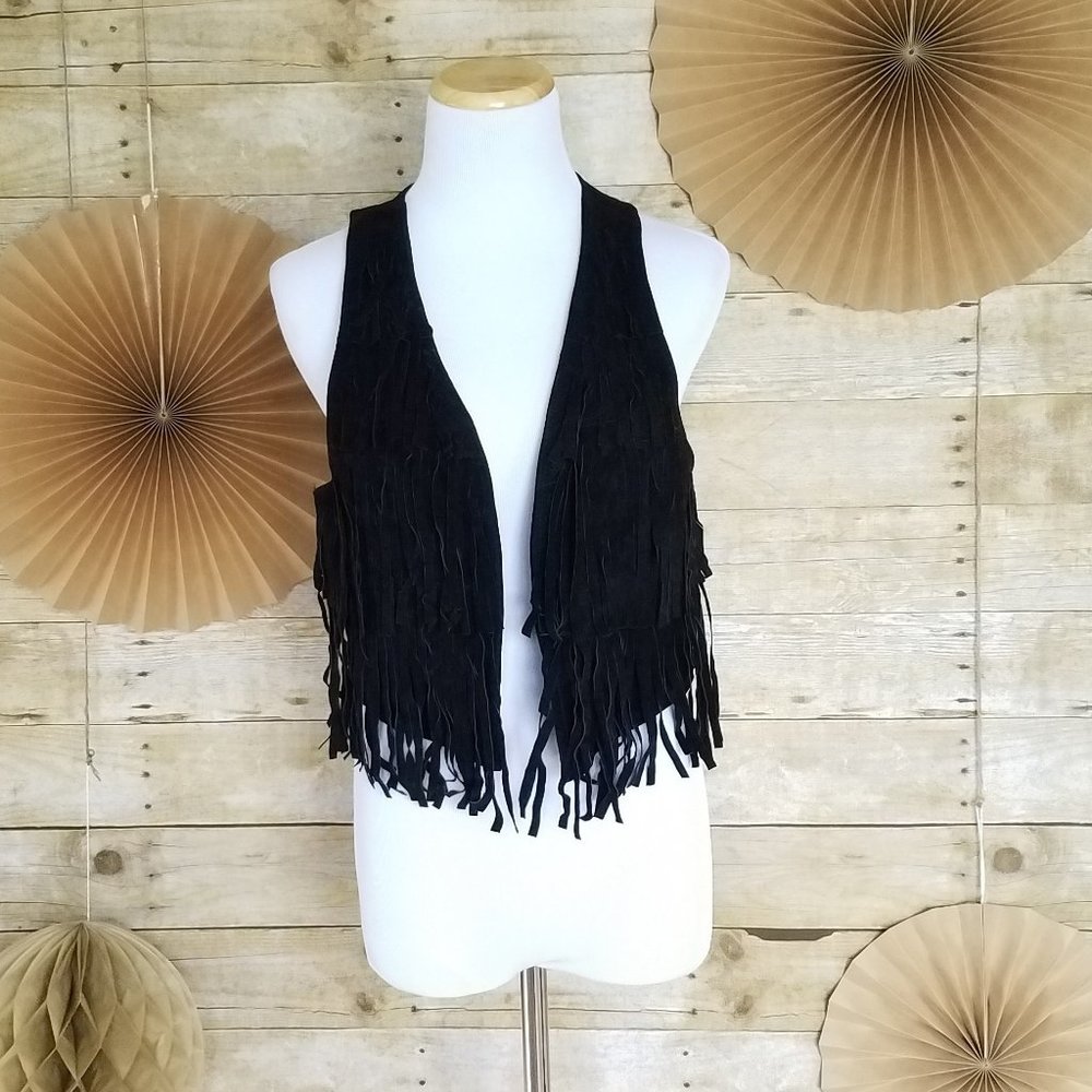 BLACK LEATHER FRINGE ROCKER VEST